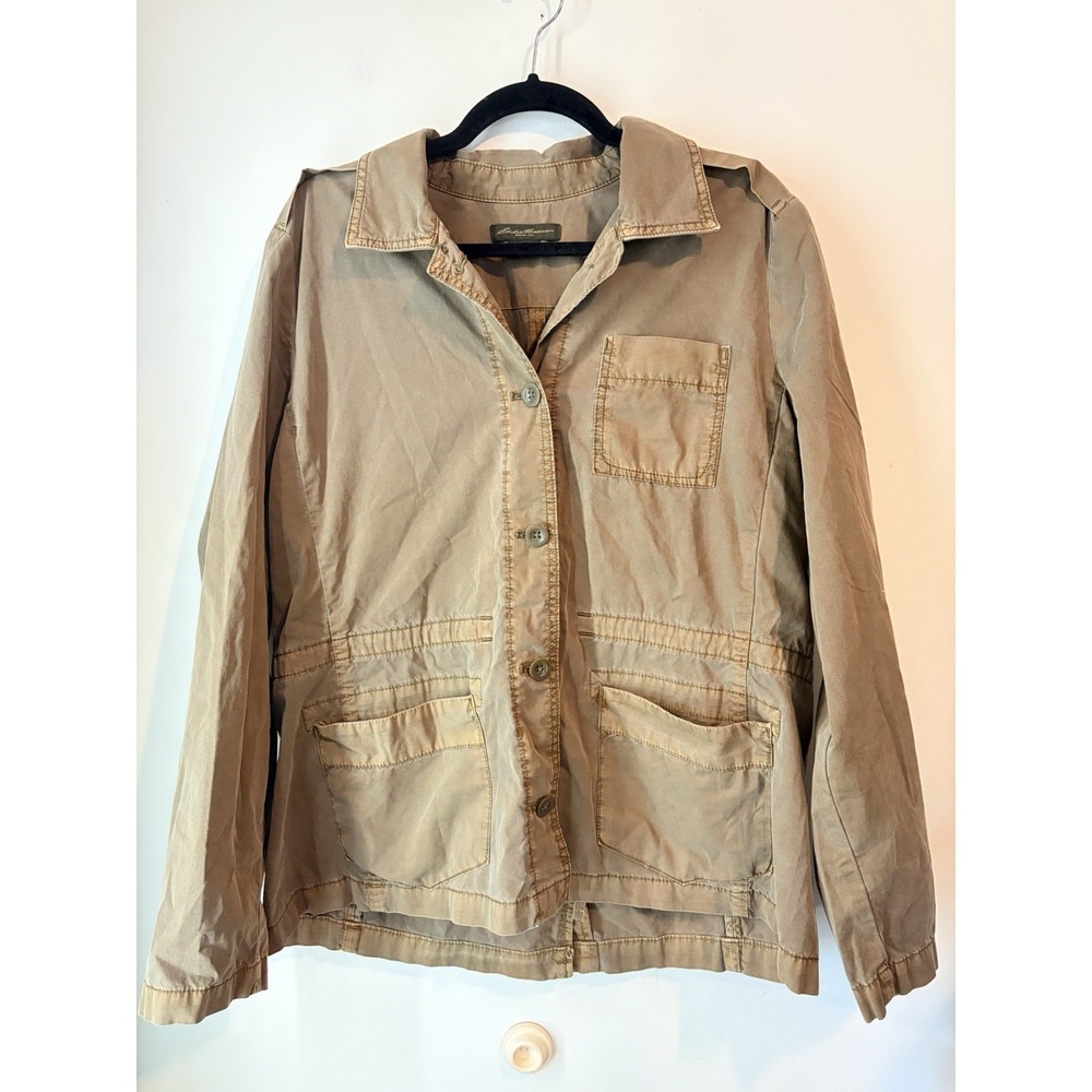 Vtg 90s Eddie Bauer Womens XL Faded Full Button Safari Jacket Green/Brown Cotton